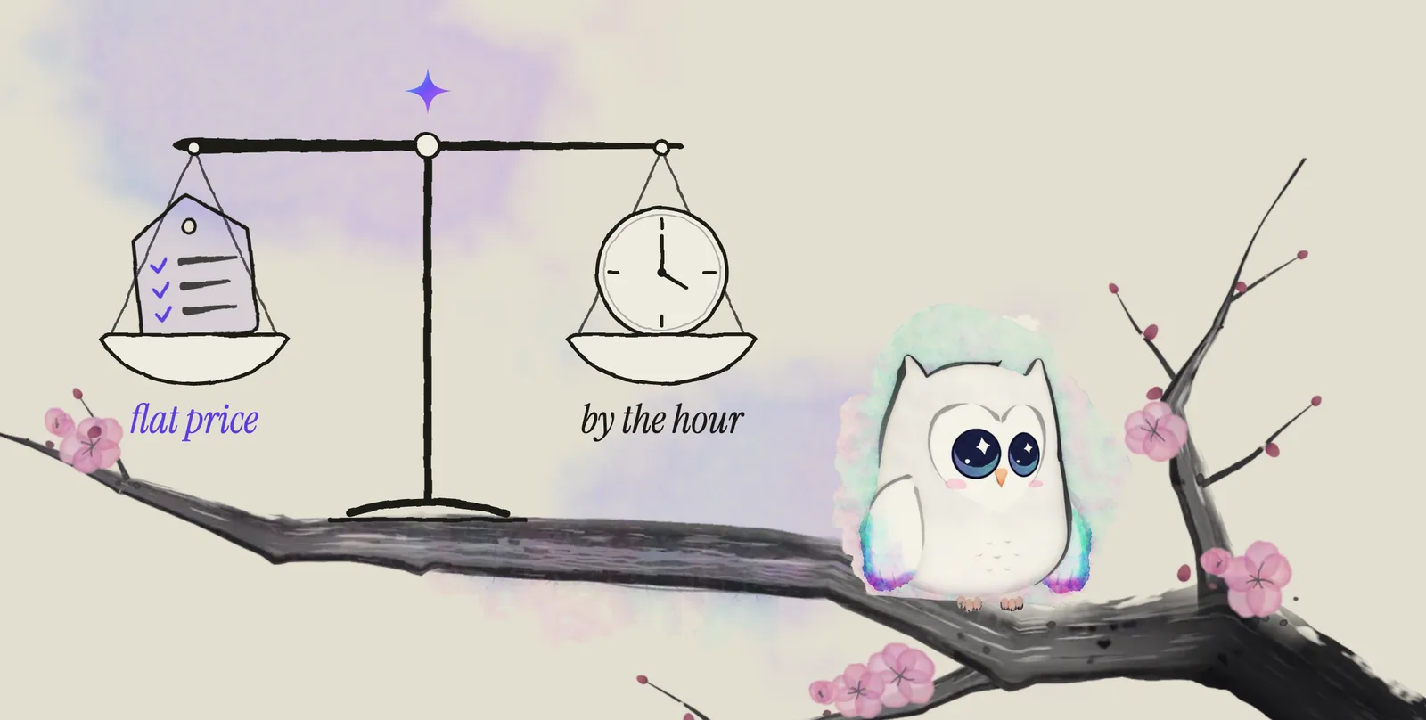 Ao, the Aurora Owl mascot, sits on an ink plum branch beside a drawn balance scale. One pan holds a price tag with a short ticked list, the other a clock face, and the beam rests level.