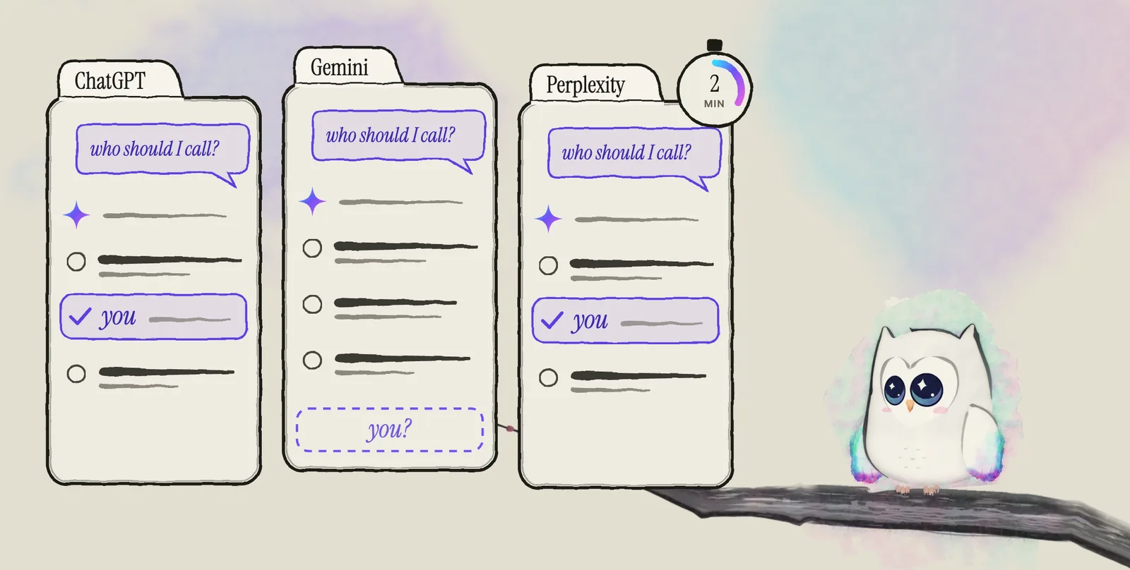 Ao, the Aurora Owl mascot, sits on an ink plum branch beside three drawn browser windows side by side, labelled ChatGPT, Gemini and Perplexity. Each asks: who should I call? You are named in the ChatGPT and Perplexity answers and missing from Gemini&rsquo;s, where an empty dashed line reads: you? A small drawn timer reads two minutes.