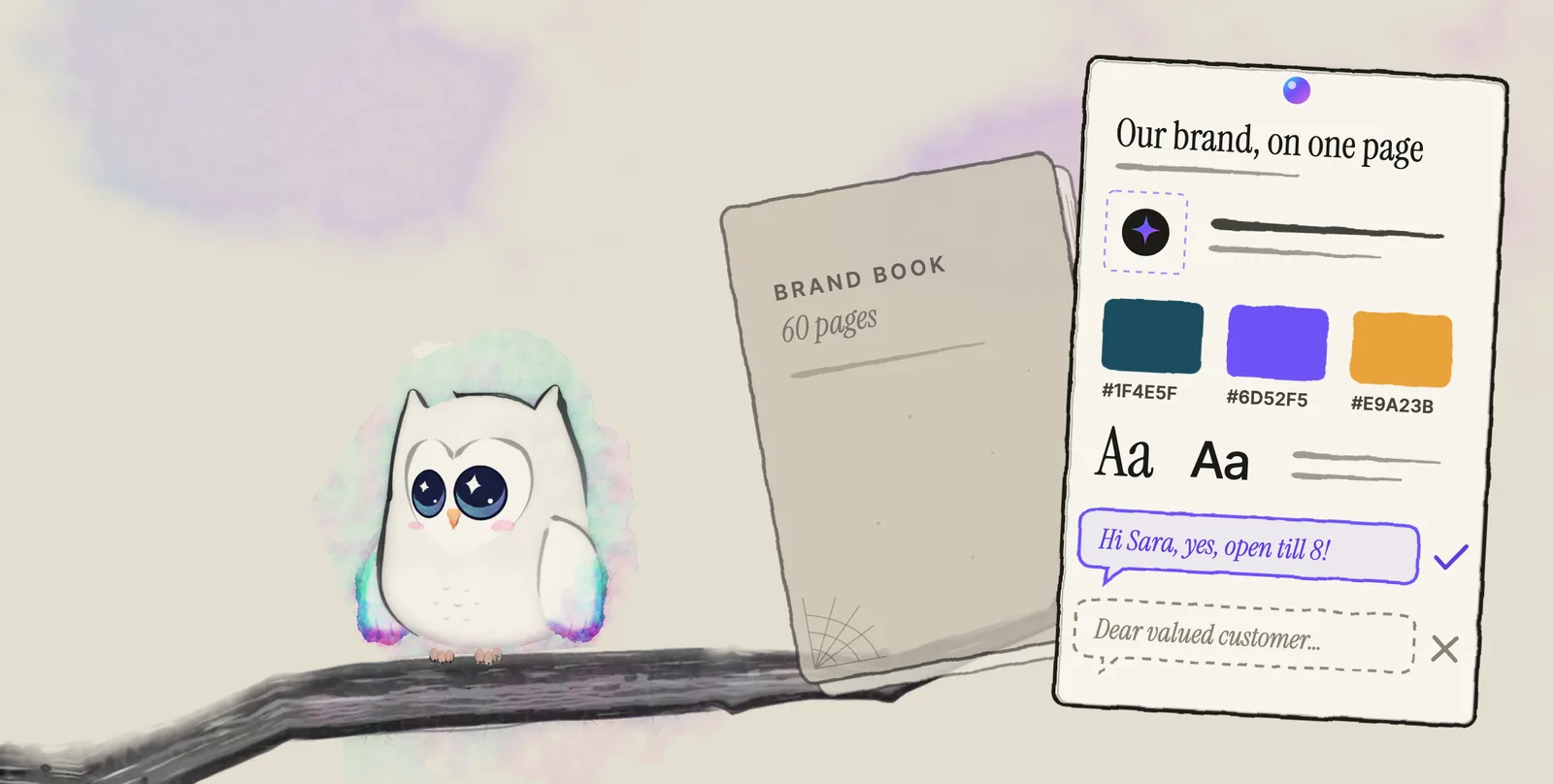 Ao, the Aurora Owl mascot, sits on an ink plum branch beside a single pinned page titled: our brand, on one page. It shows a logo mark, three color swatches with their codes, two type samples, a ticked reply that reads: Hi Sara, yes, open till 8! and a crossed-out one that reads: Dear valued customer. Behind it, a closed brand book of 60 pages has a cobweb in its corner.