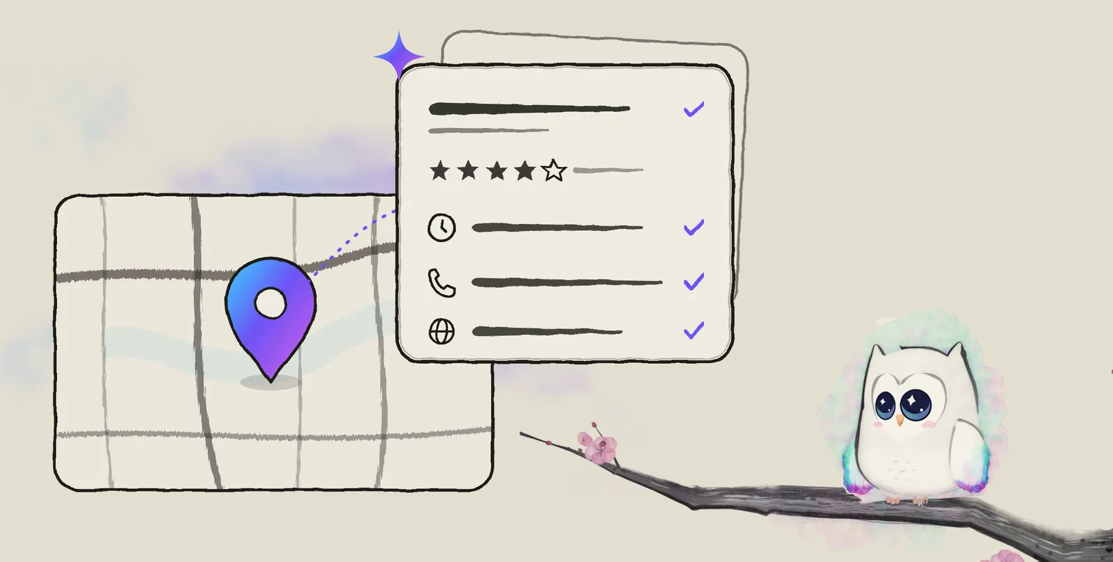 Ao, the Aurora Owl mascot, sits on an ink plum branch beside a drawn street map with a pin. A dotted thread runs from the pin to a place card showing a name, four stars, hours, a phone number and a website, with a tick beside each detail; a second card sits behind it, and a small spark reads the card.