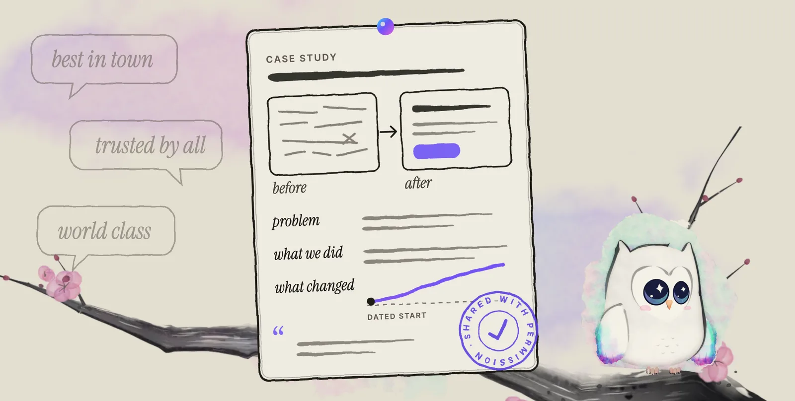 Ao, the Aurora Owl mascot, sits on an ink plum branch. To the left, faded speech bubbles read: best in town, trusted by all, world class. In the middle, a drawn case study card is pinned open, with a muddled before page and a clear after page, three rows headed problem, what we did and what changed, a line rising from a dated start, and a violet stamp that reads: shared with permission.