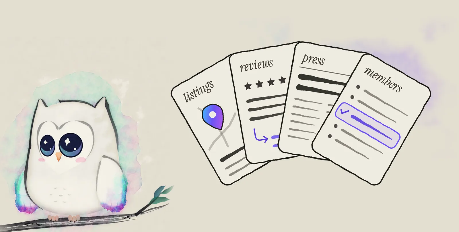 Ao, the Aurora Owl mascot, sits on a leafy ink branch beside four drawn cards fanned out like a hand of cards: a map listing, a review with stars and the owner&rsquo;s reply, a press clipping and a member list with your row ticked.