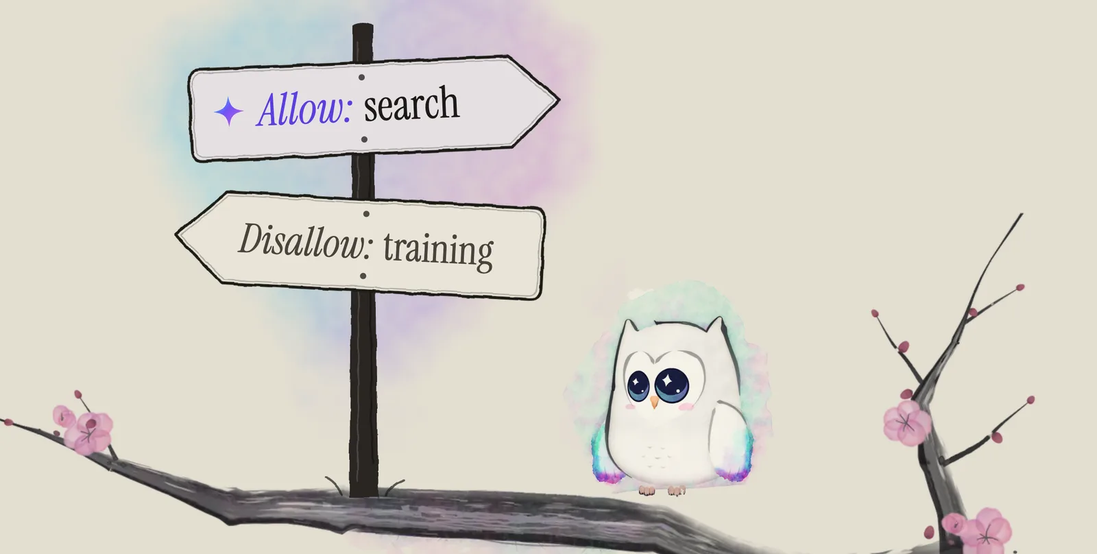 Ao, the Aurora Owl mascot, sits on an ink plum branch beside a hand-drawn signpost. One board points on and reads: Allow: search. The other points back and reads: Disallow: training.