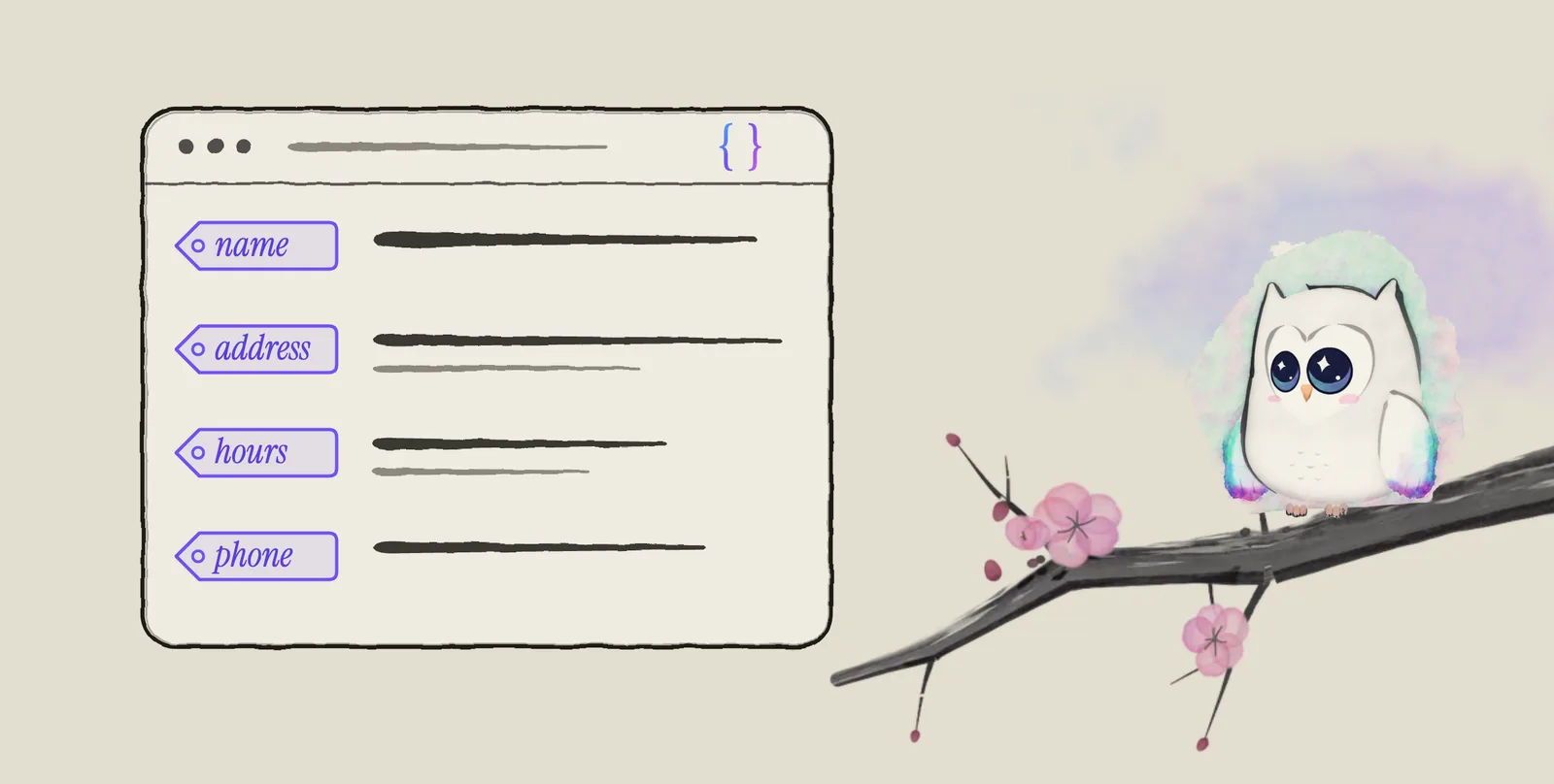 Ao, the Aurora Owl mascot, sits on a flowering plum bough beside a drawn web page. Each line on the page carries a small violet tag that names it: name, address, hours and phone.