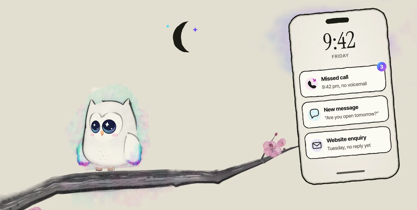 Ao, the Aurora Owl mascot, sits awake on an ink plum branch under a crescent moon. Beside Ao, a drawn phone lights up with three notifications nobody has seen: a missed call at 9:42 pm, an unread message asking if you&rsquo;re open tomorrow, and a website enquiry with no reply.