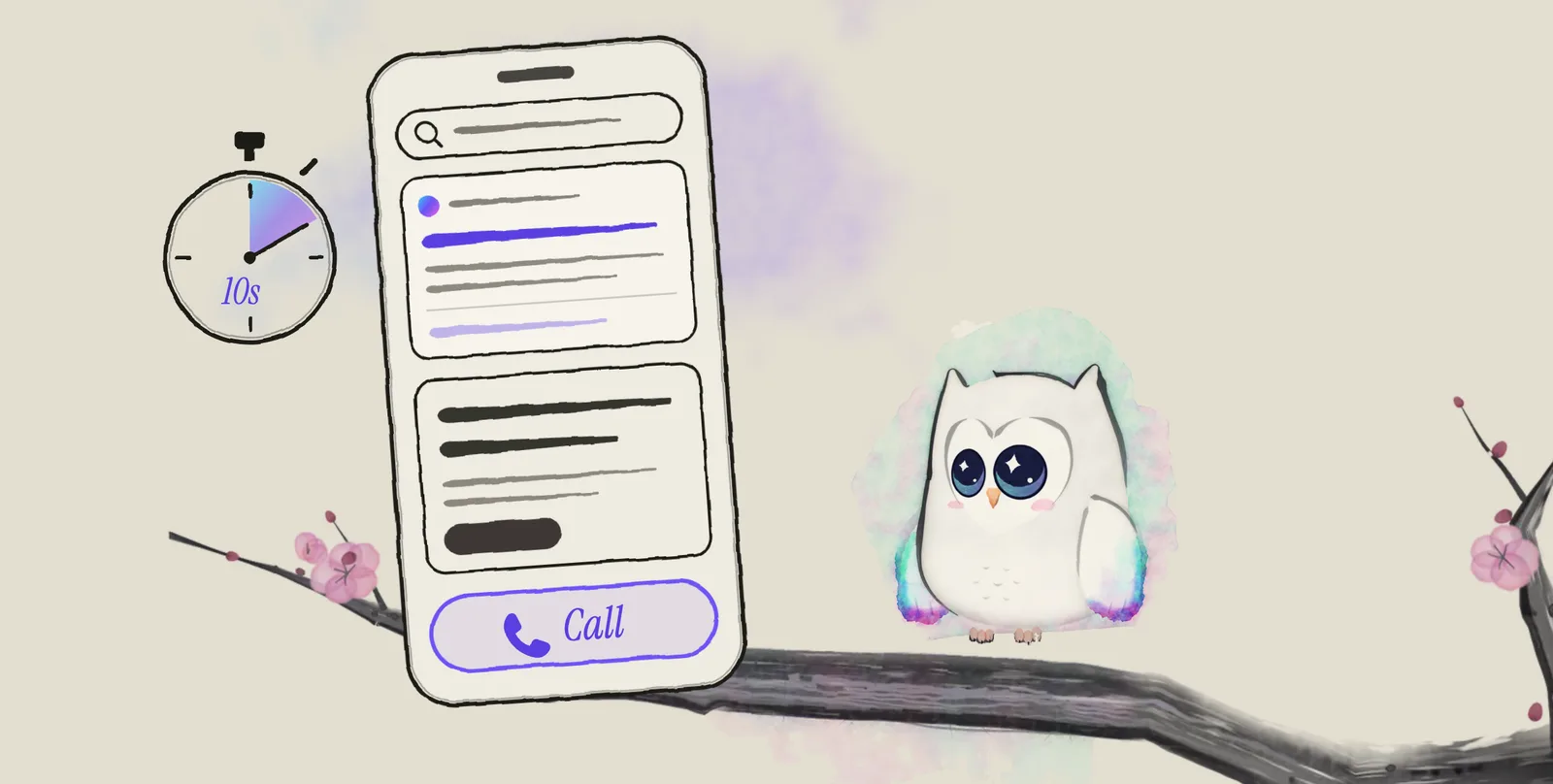 Ao, the Aurora Owl mascot, sits on an ink plum branch beside a drawn phone. The phone shows a search bar, search results with your line on top, the top of a website, and a Call button. A small ink stopwatch beside it reads 10 seconds.