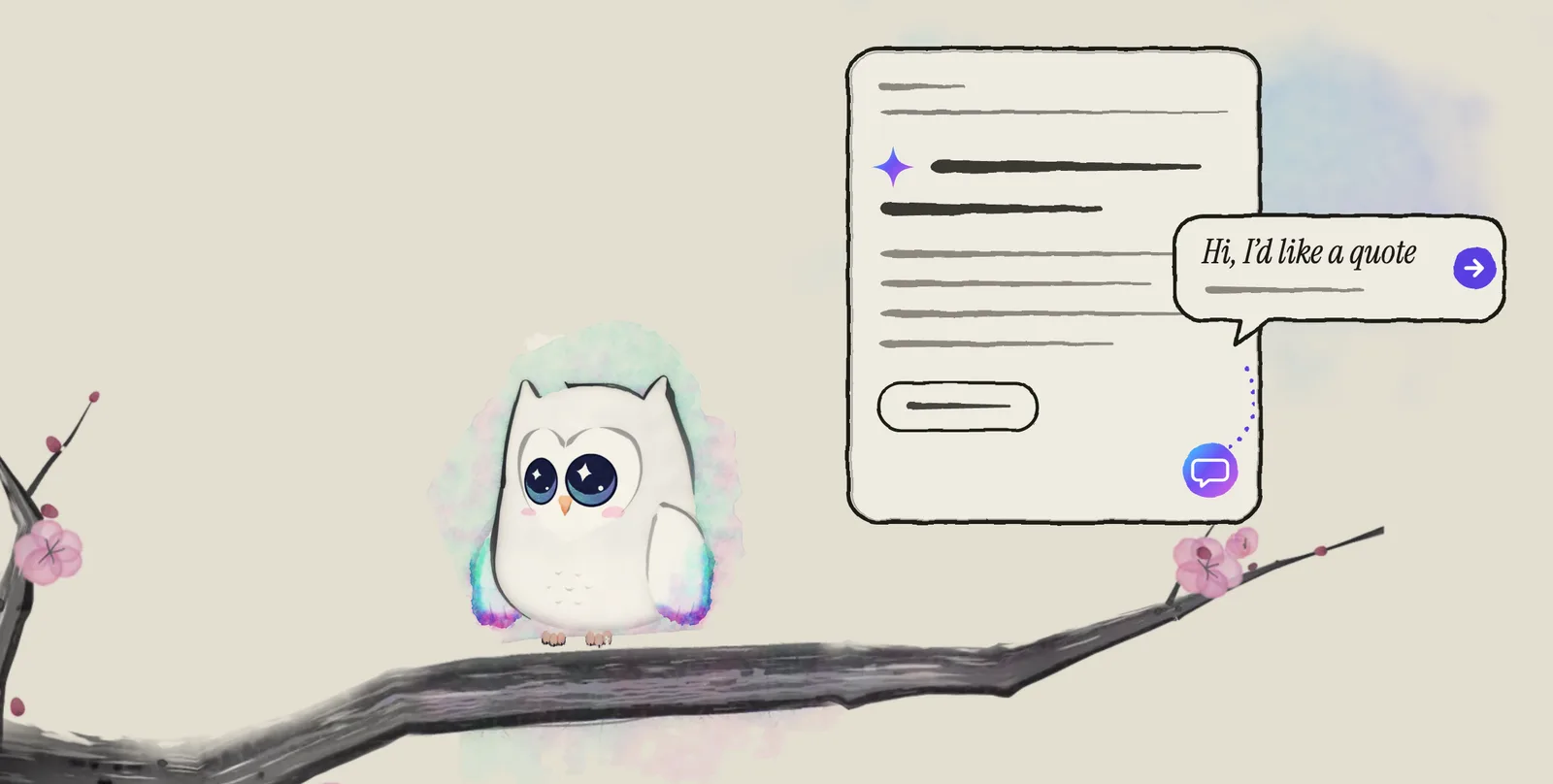 Ao, the Aurora Owl mascot, sits on an ink plum branch beside a drawn web page with one small round chat button in its corner. A dotted thread runs from the button to a chat bubble that already holds a one-line message, with a send arrow beside it.