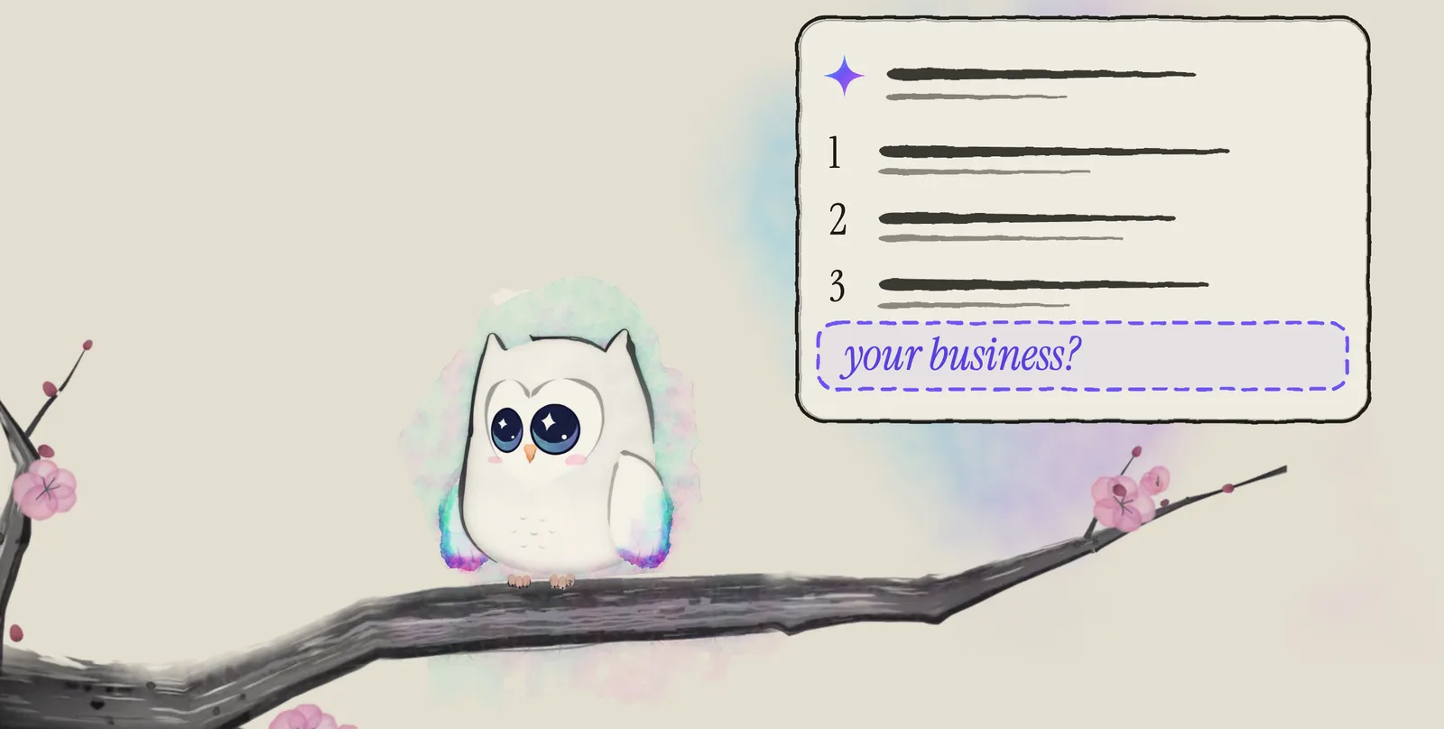Ao, the Aurora Owl mascot, sits on an ink plum branch beside a drawn AI answer card. The card lists three businesses, and below them a dashed empty row reads: your business?