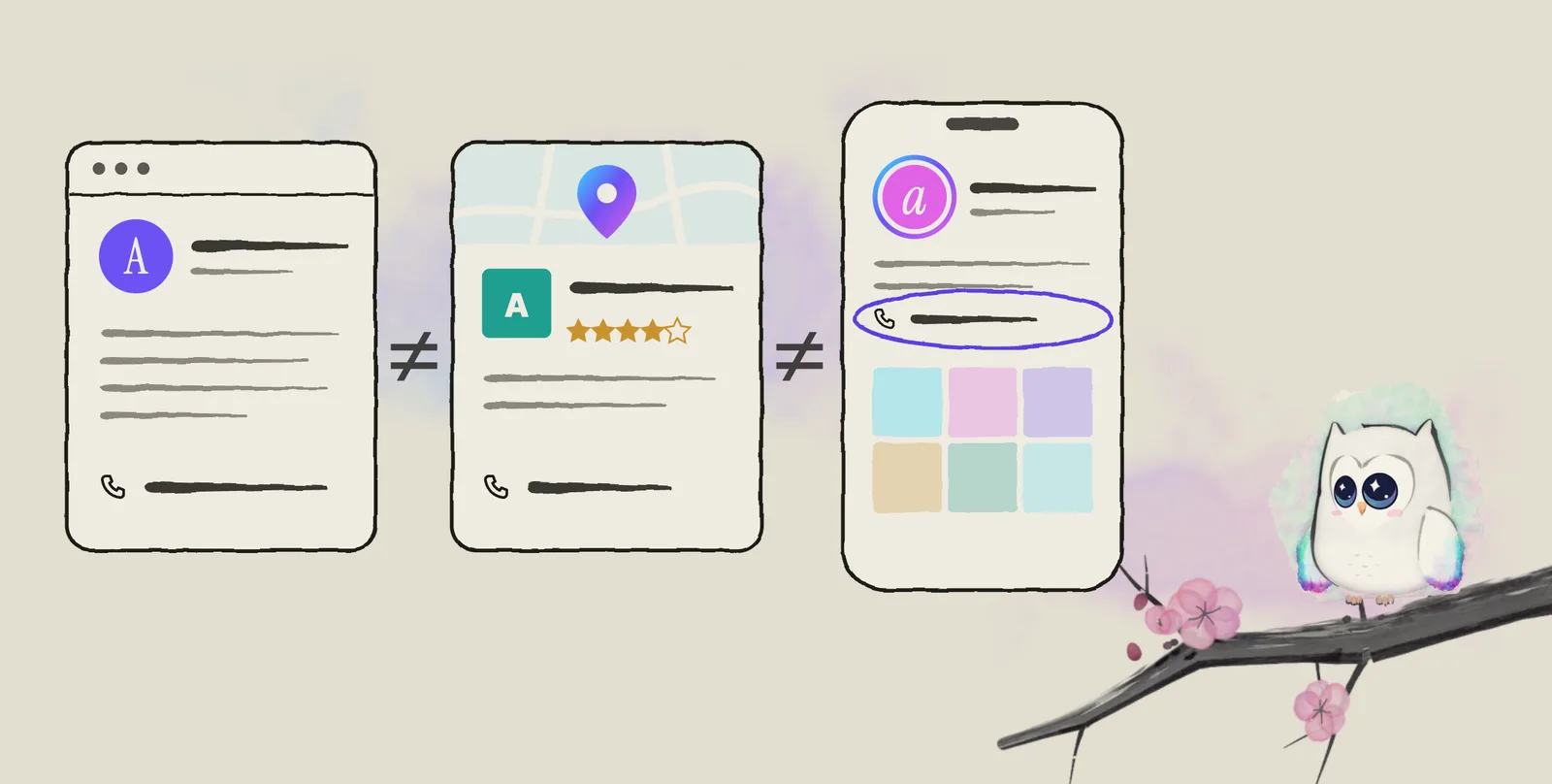 Three drawn cards for the same business, a website, a map listing and an Instagram profile, each with a different logo and a different phone number, with ink not-equal signs between them. Ao, the Aurora Owl mascot, looks on from a branch.
