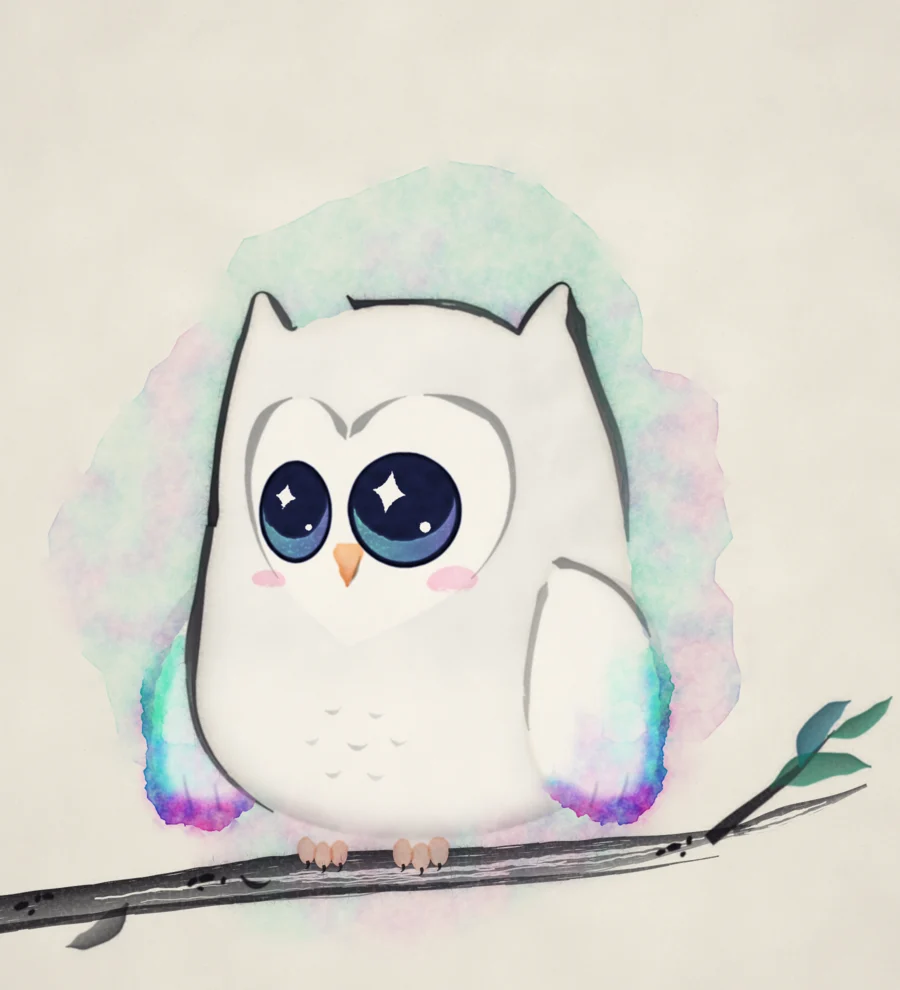Tsukuyomi, called Tsuku-chan, the Aurora Owl mascot: a small white owl in ink and watercolour, with aurora-coloured wing tips, sitting on an ink branch.